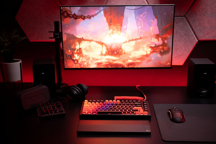Diablo IV-inspired gaming setup with a GMMK PRO + Celestial Keycaps + GMMK Numpad + Model O Gaming Mouse 