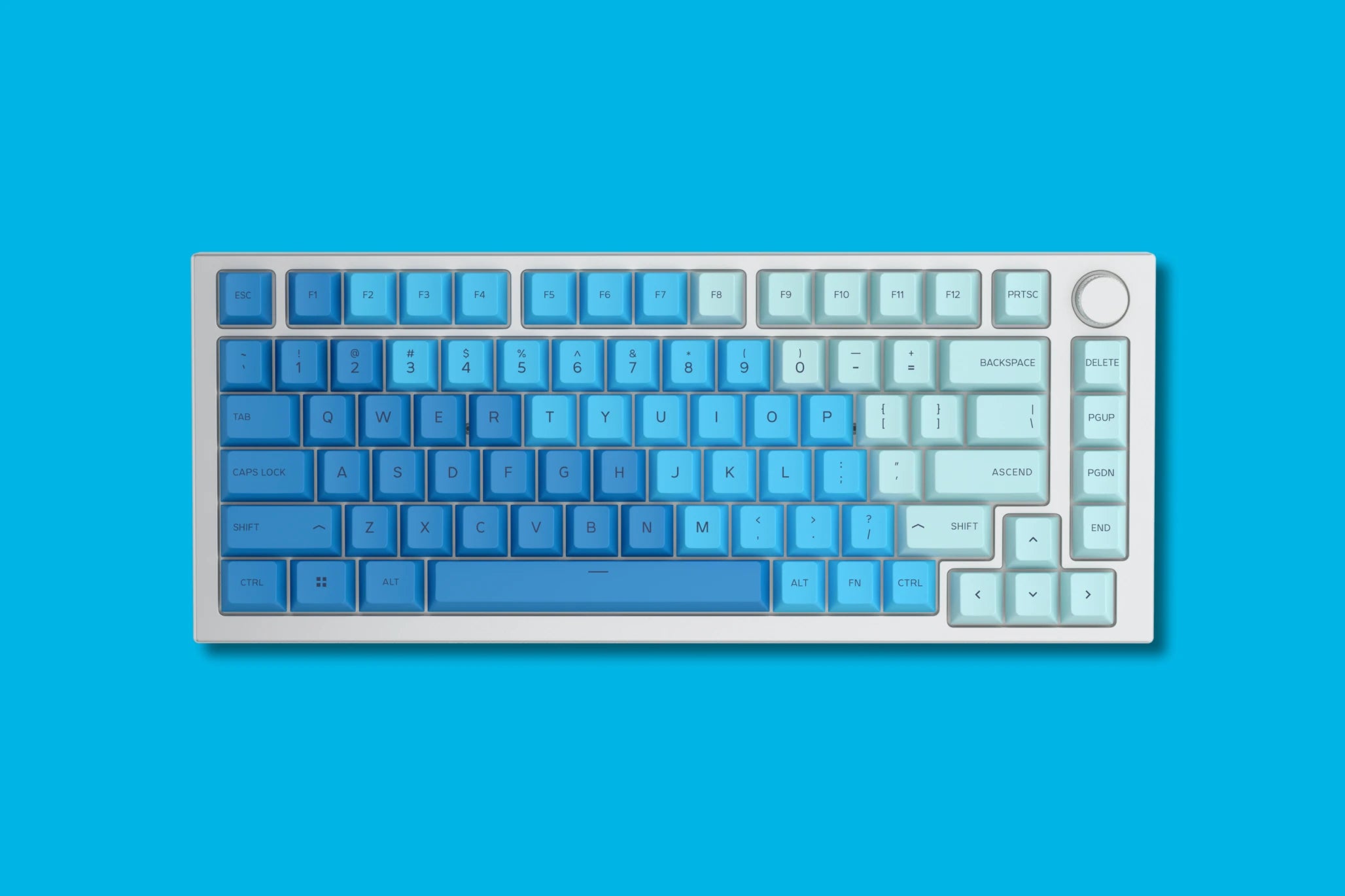 GPBT Ocean keycaps on a White Ice GMMK PRO keyboard on a blue background