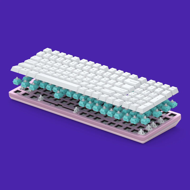 A Pink GMMK 2 96% Barebones with GPBT Arctic White Keycaps is shown in an exploded view, revealing Glorious Lynx switches beneath the keys. The background is a vibrant purple.