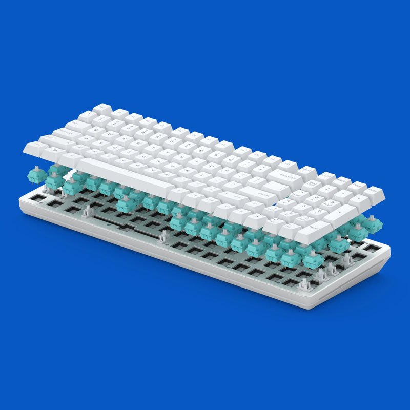 A White GMMK 2 96% Barebones with GPBT Arctic White Keycaps is shown in an exploded view, revealing Glorious Lynx switches beneath the keys. The background is a vibrant blue.