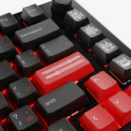 Close up of GPBT Kabuto keycaps with focus on the novelty enter key featuring samurai swords and additional samurai mask novelty keys