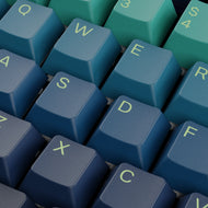 Close up of GPBT Northern Lights keycaps highlighting keycap texture and legends