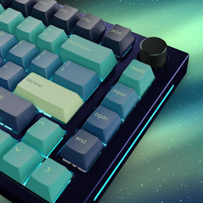 GPBT Northern Lights keycaps close up on a GMMK PRO keyboard with a Navy Blue top frame against an aurora borealis background