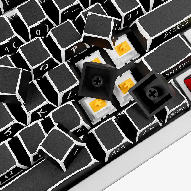 GPBT Sketch keycaps partially pulled off a keyboard with Panda switches underneath