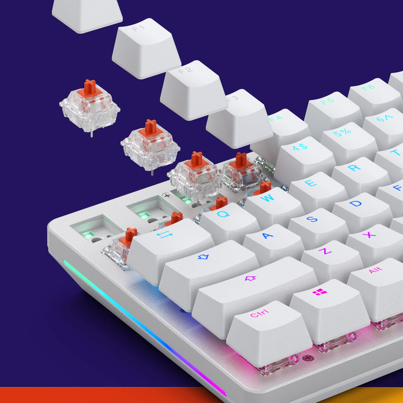 fox switches and keycaps floating down to assemble a white GMMK 2 keyboard