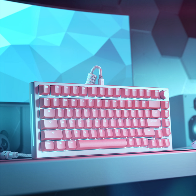 ABS Doubleshot Keycaps in Pink on a White Ice GMMK PRO keyboard with Ghost White coiled cable in a dark desk setup