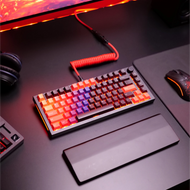 GPBT Celestial Fire keycaps on a Black Slate GMMK PRO keyboard with Crimson Red Coiled cable in a black and red desk setup