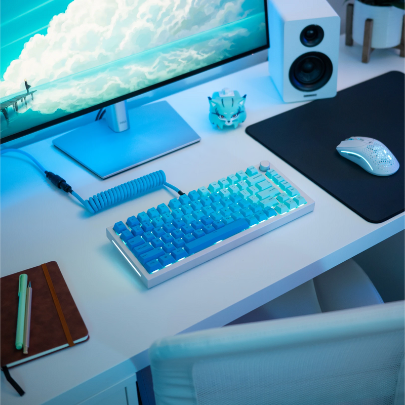 GPBT Ocean keycaps on a White Ice GMMK PRO keyboard with an Electric Blue coiled cable in a blue and white desk setup