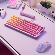 GPBT Grapefruit keycaps on a GMMK PRO keyboard with Pink top frame, Pink rotary knob, and Pink coiled cable in a white and pink desk setup