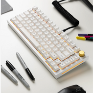 GPBT Arctic White keycaps on a GMMK PRO keyboard with E-White Top Frame, Gold Rotary Knob, and Phantom Black Coiled Cable in a white desk setup