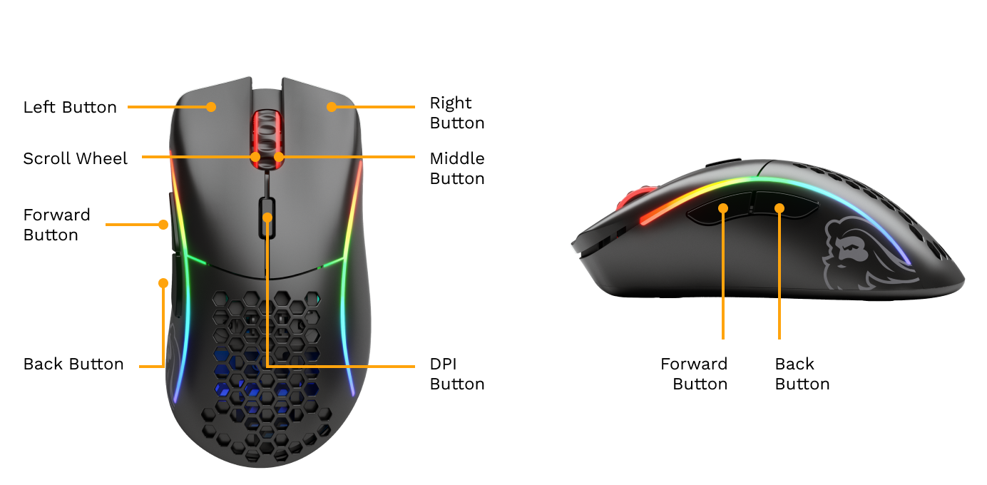 Model D Wireless mouse top and left side views with buttons labelled