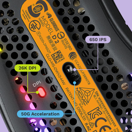 Model D 2 mouse sensor close up detailing parts related to acceleration, DPI, and IPS