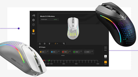 Model D 2 Wireless in Black and White floating in front of screen displaying CORE 2.0 settings