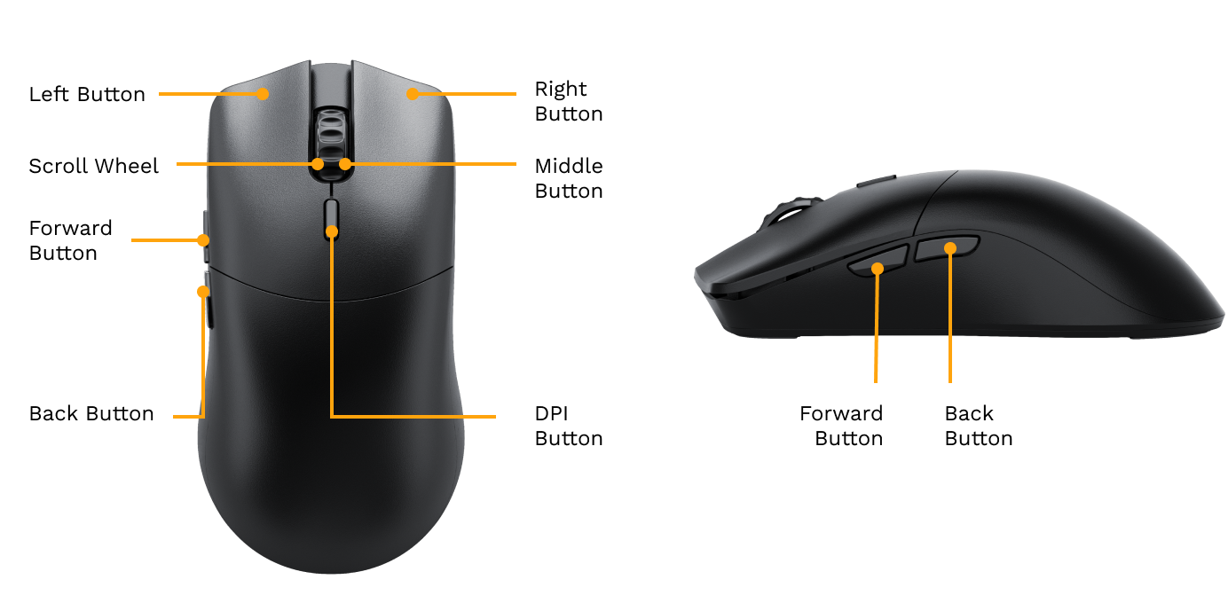 Model O 2 PRO 1KHz mouse top and left side views with buttons labelled