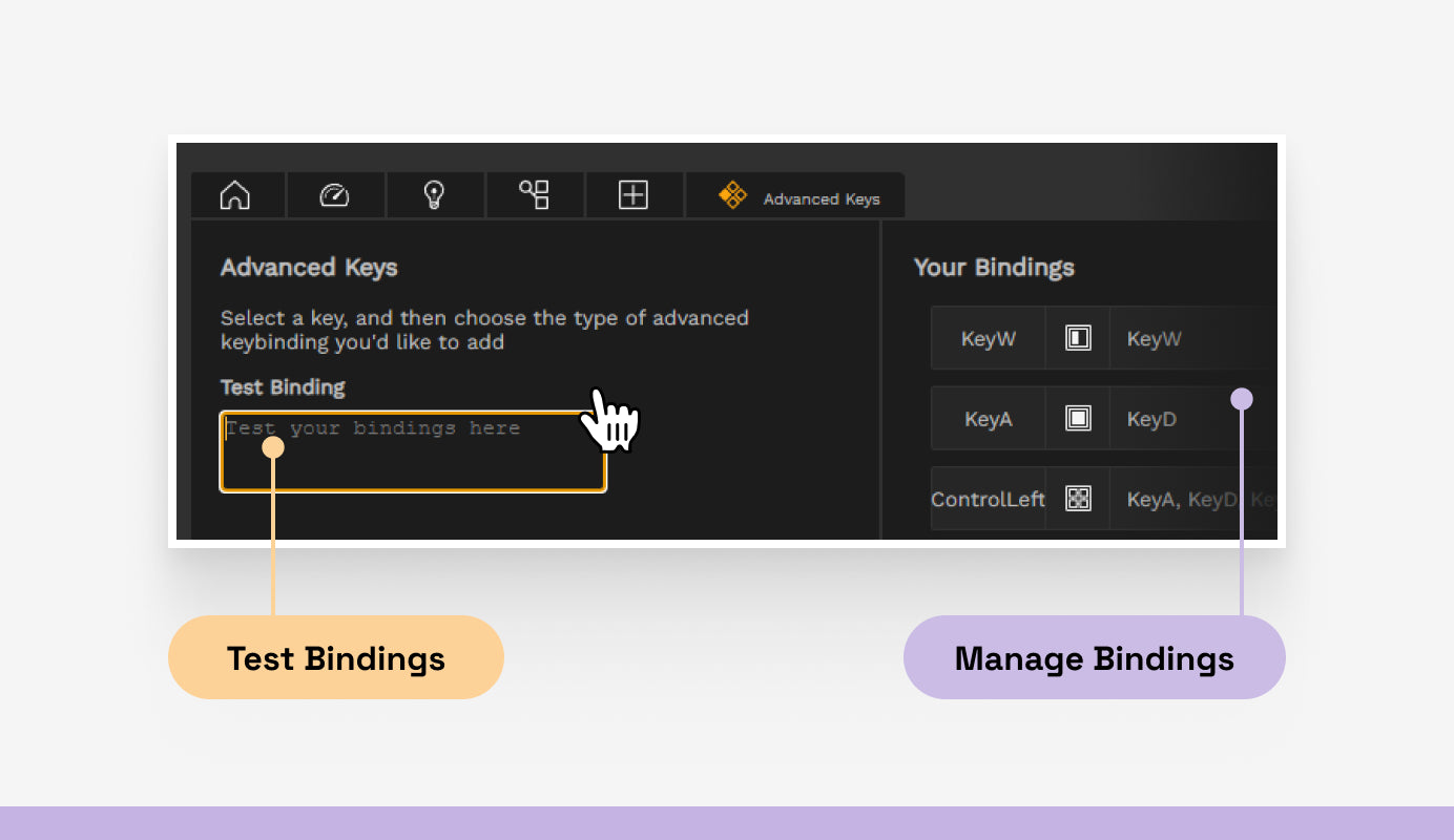 Test your keybindings in Test Bindings box in Glorious CORE