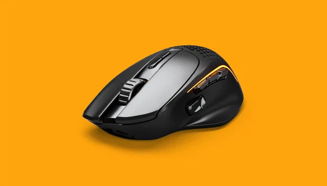 a black computer mouse on a yellow background