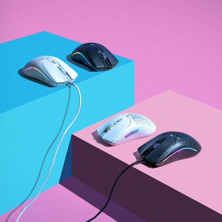 a group of computer mice on a pink and blue podium