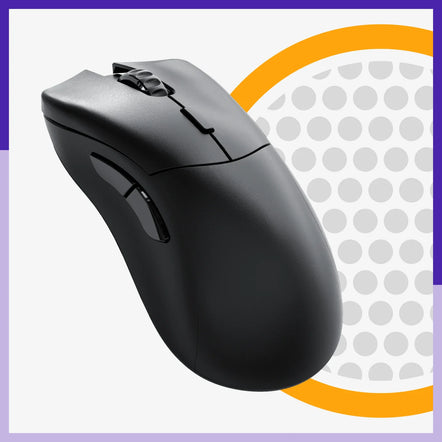 a black computer mouse with a yellow and orange circle