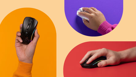 Hands holding the V2 Mice on red, purple and orange backgrounds