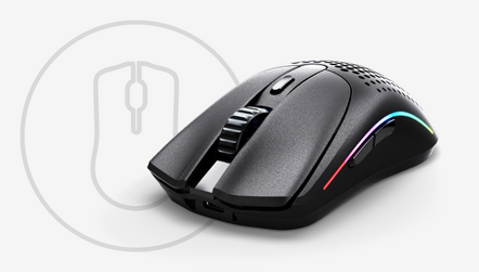 a black computer mouse with a white circle and a circle