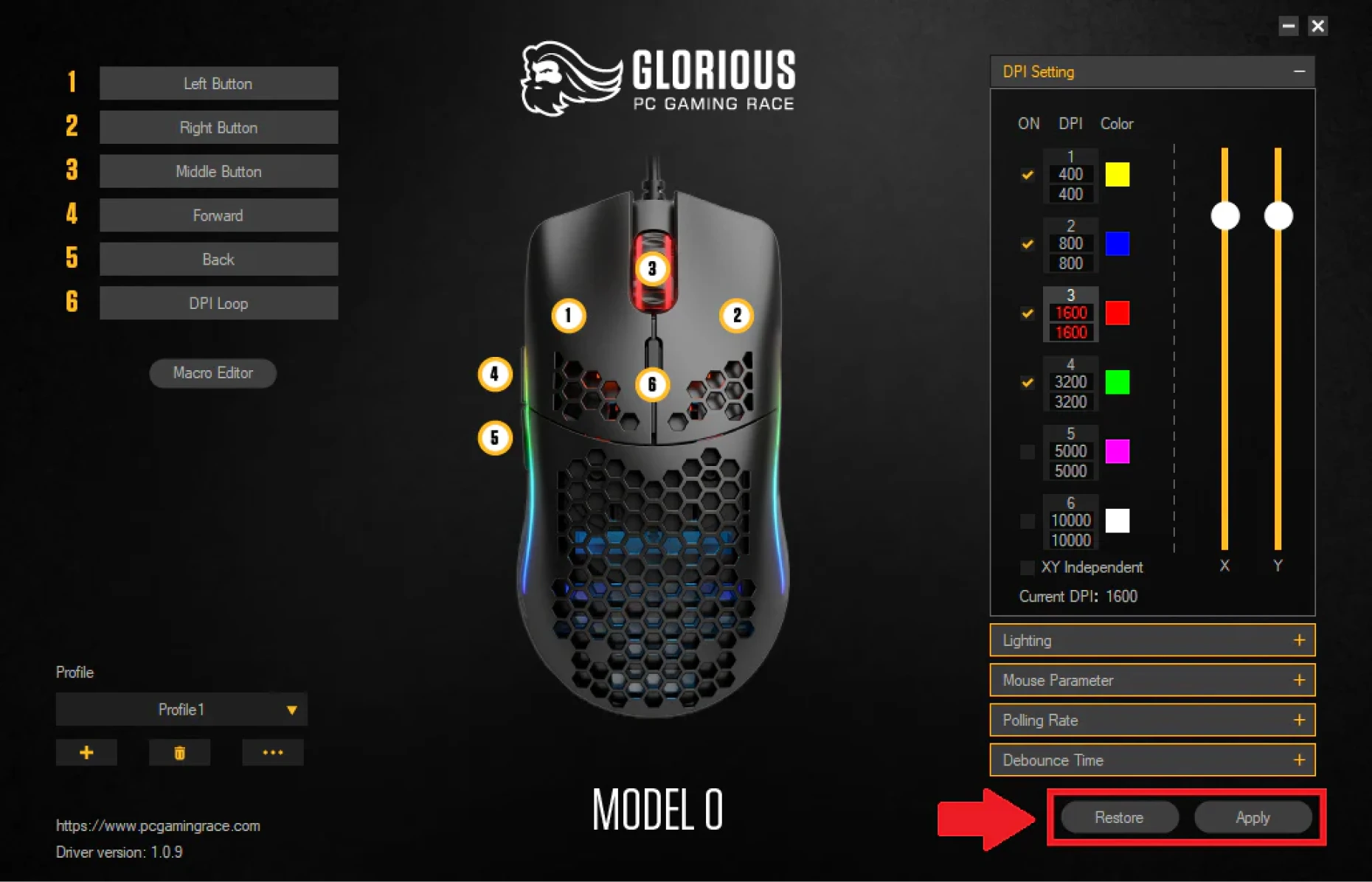 Glorious Model O mouse software open with button diagram